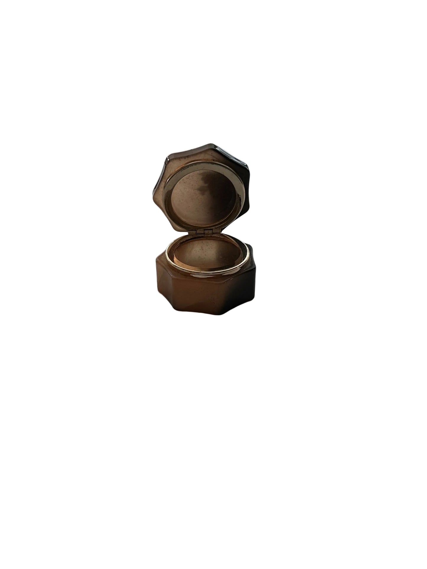 Vintage brown alabaster petite hinged box, open with hinged lid and gilt-rimmed interior.