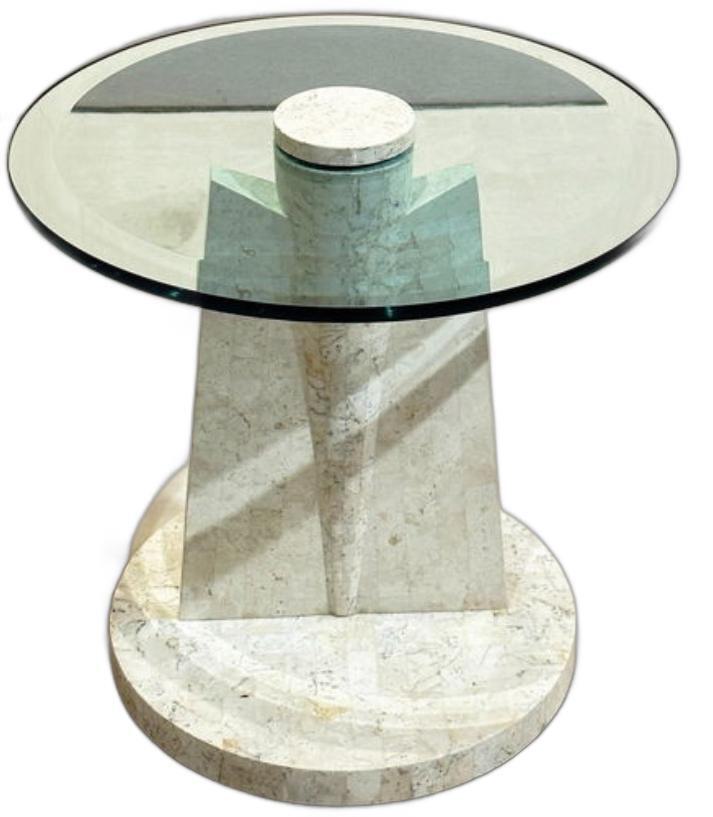 Post-modern stone-and-glass end table, low-angle view of glass top and tessellated stone pedestal