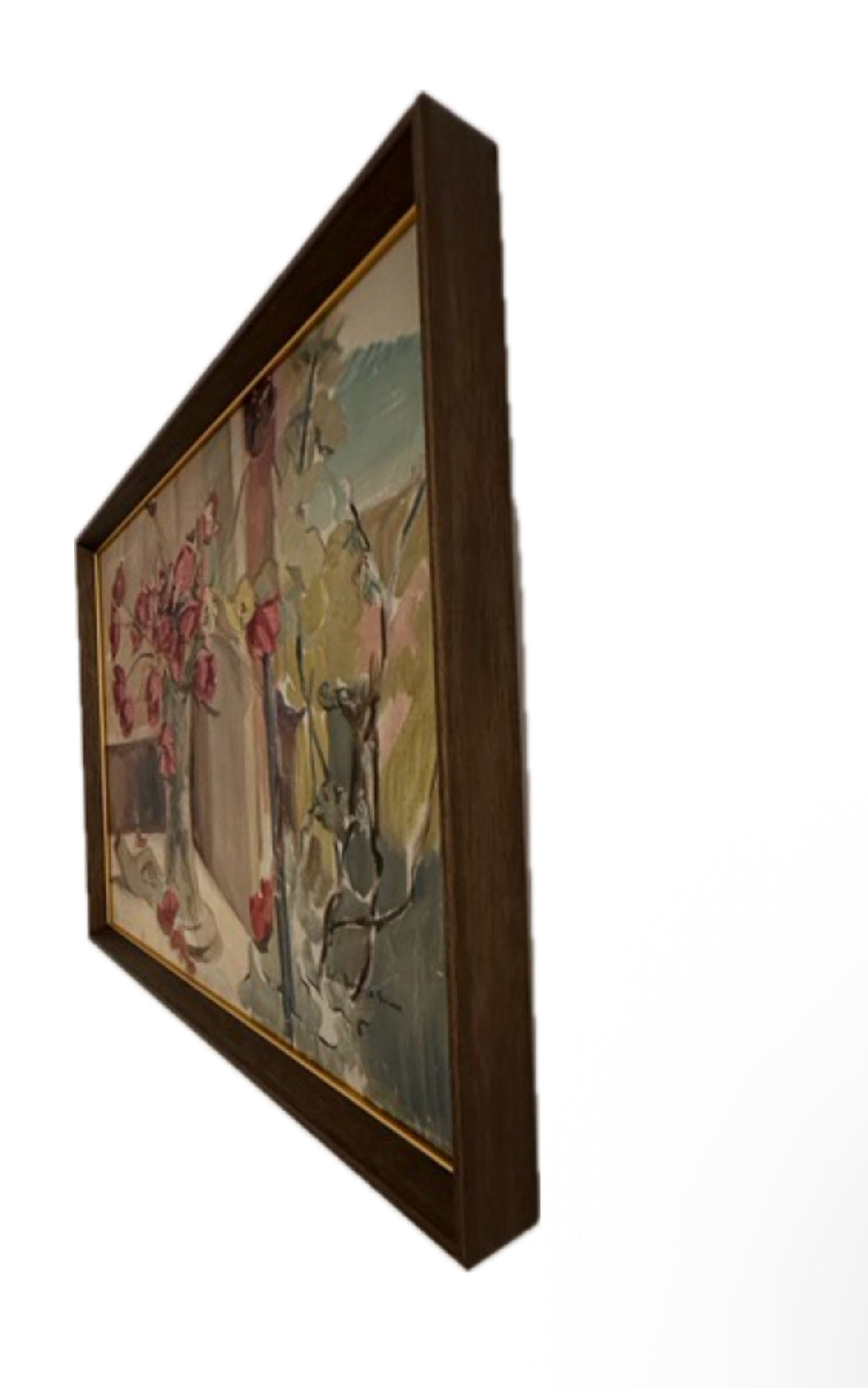 Side profile of the framed tulip painting showing the depth of its wood frame.