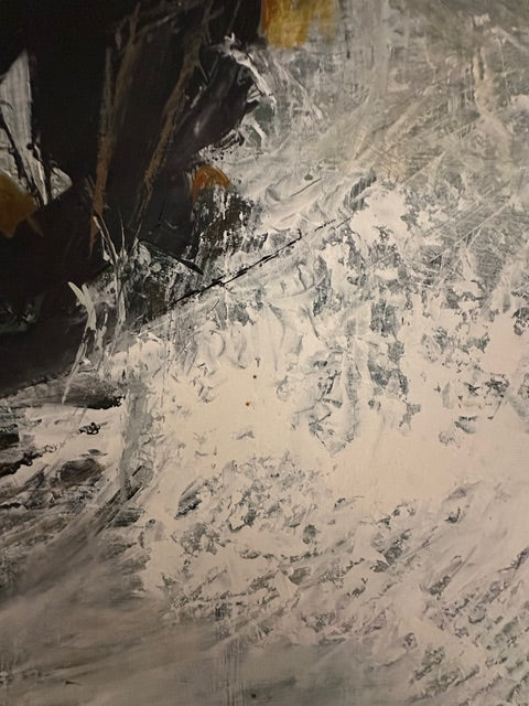 Vintage abstract painting, close-up of white, silver and dark textured passages