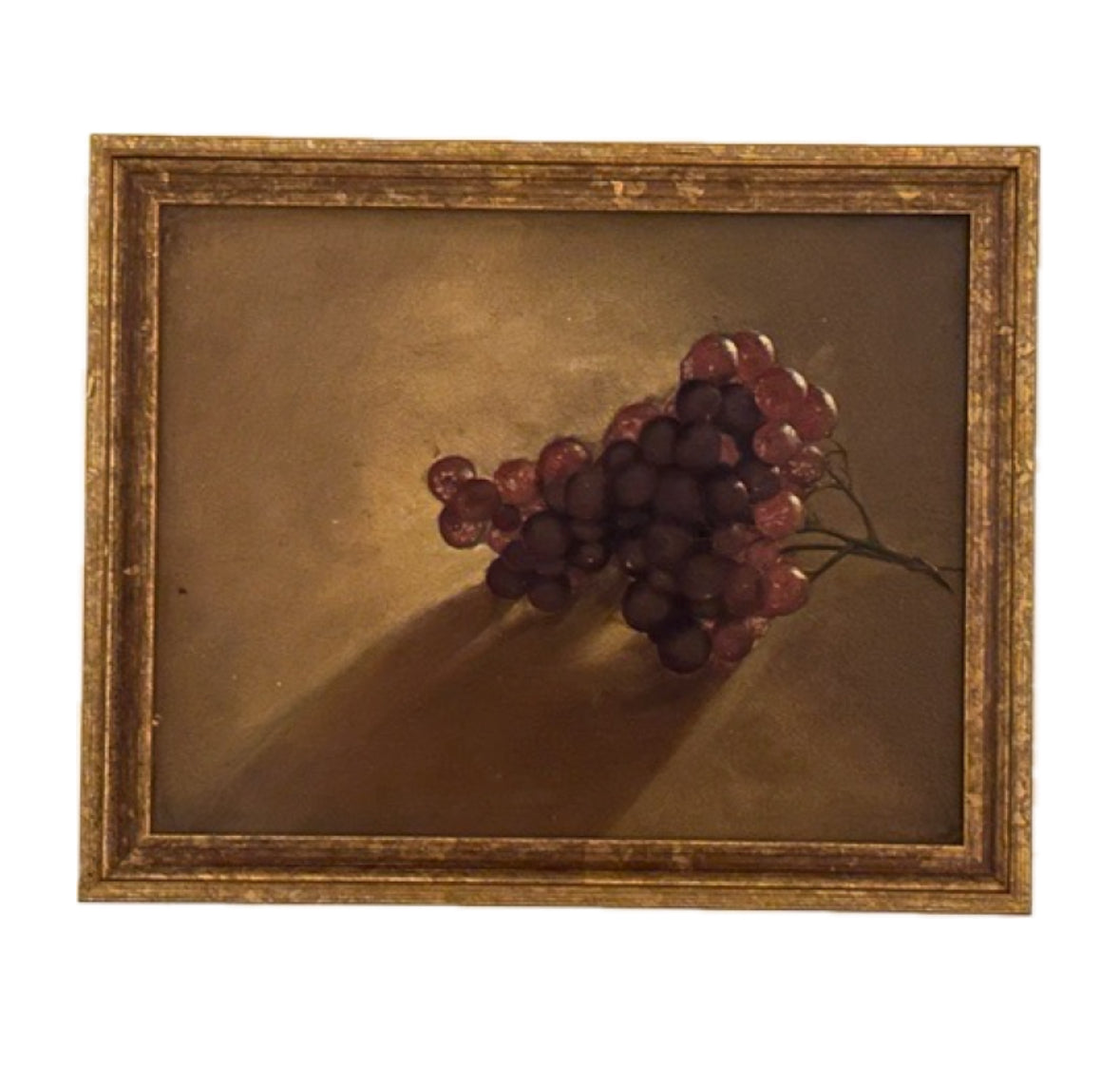 Grapes still life oil painting in gilt frame, front view of red and purple grape cluster