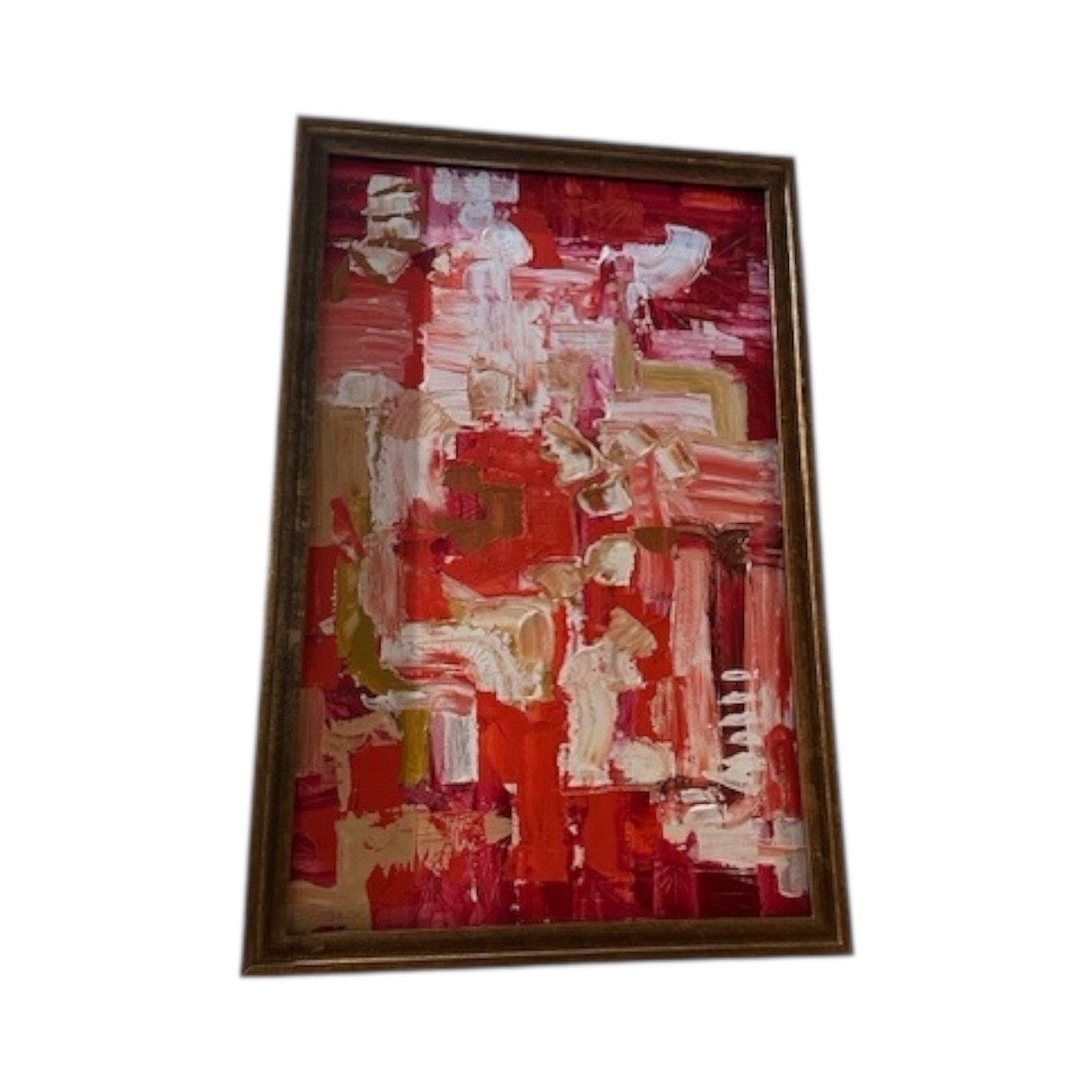 MCM red and white abstract acrylic painting in gold frame, angled view on white background