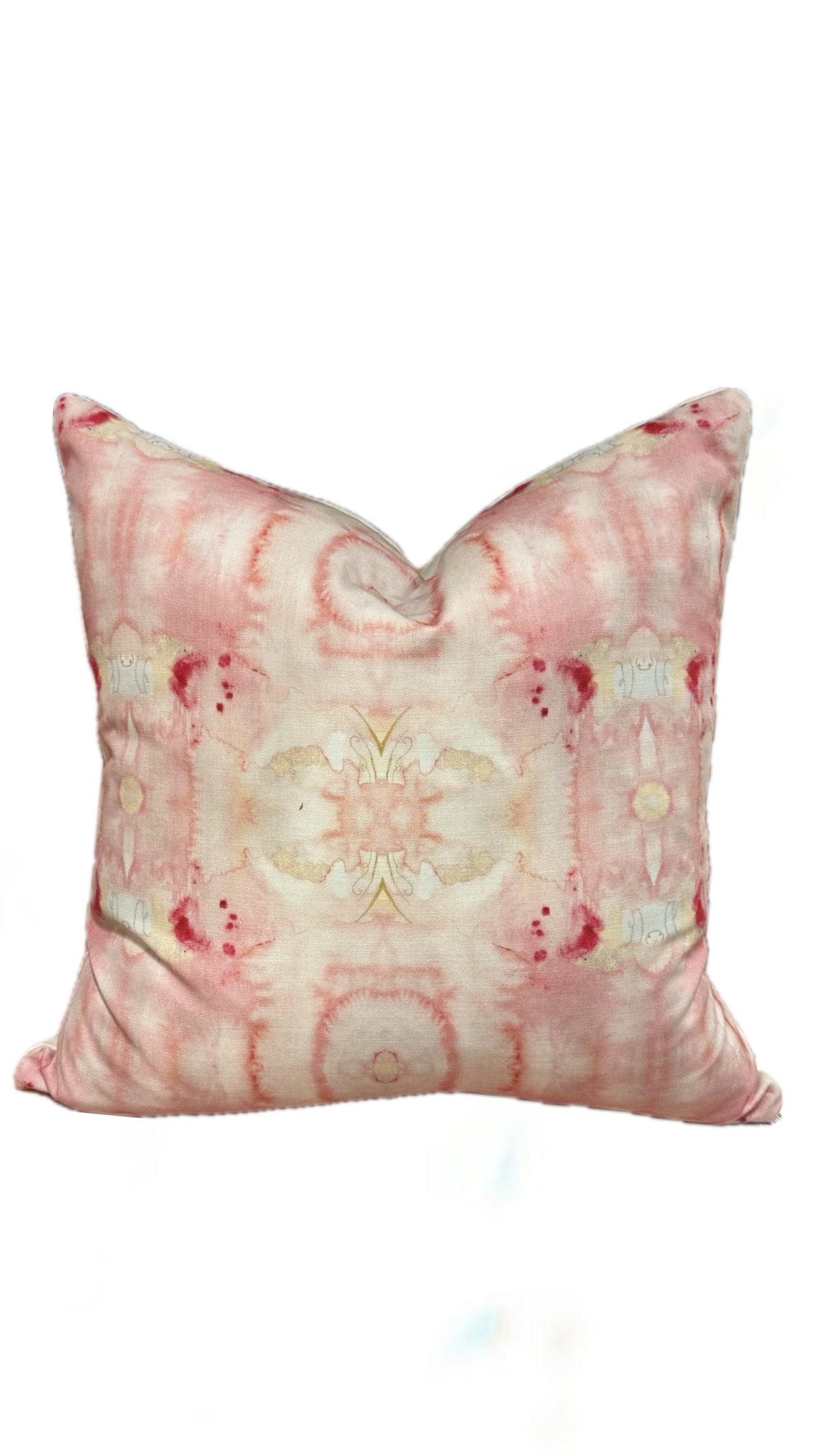 Tie-dyed pink wash watercolor throw pillow, 22-inch square, on ecru linen, front view