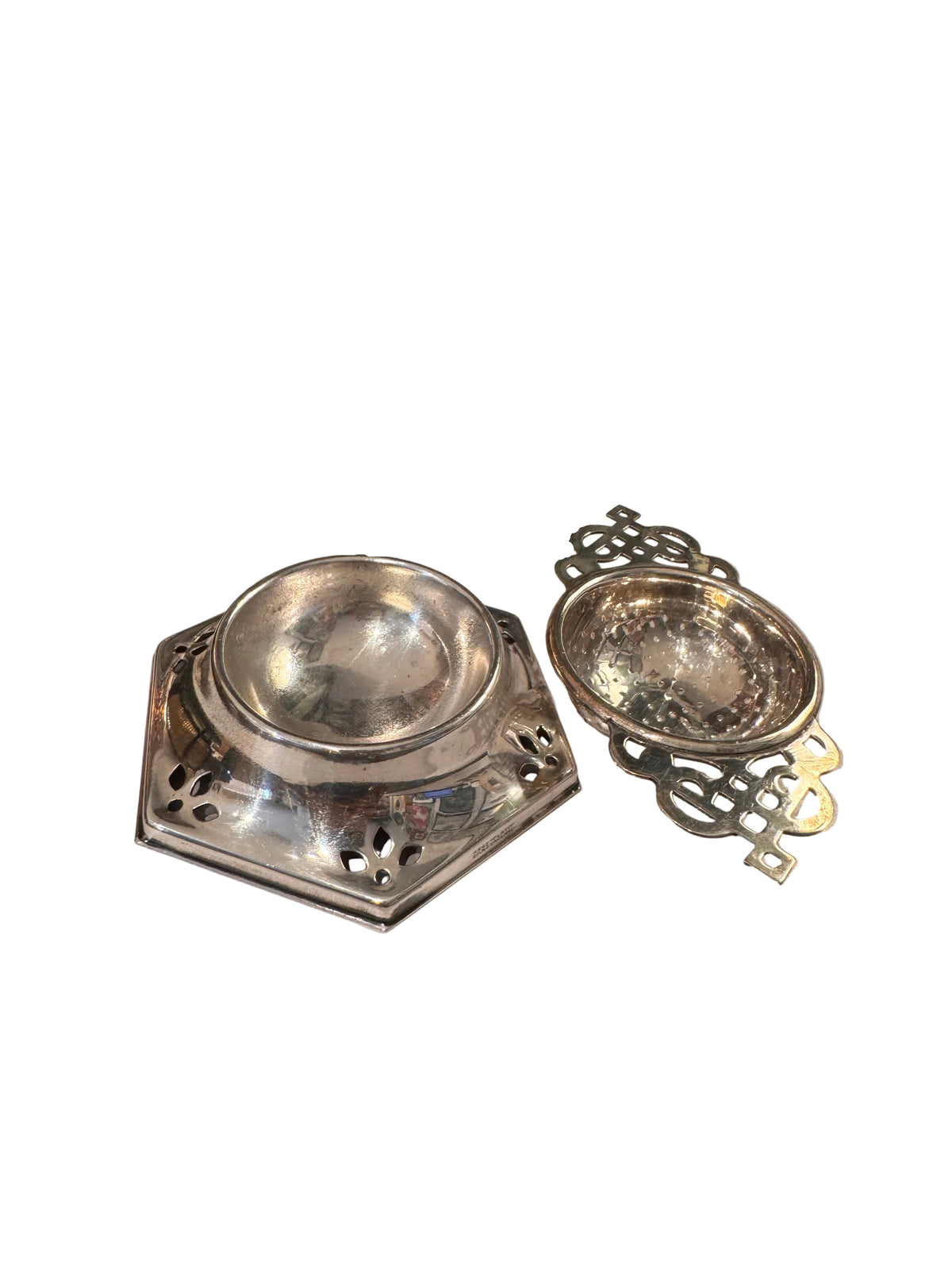 Vintage Silver Plate Tea Strainer w/ Pierced Stand