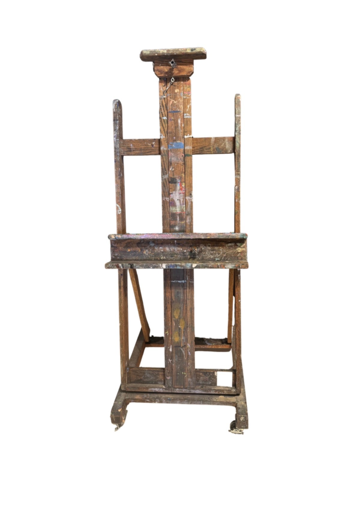 Antique paint-spattered wooden studio artist's easel, full front view