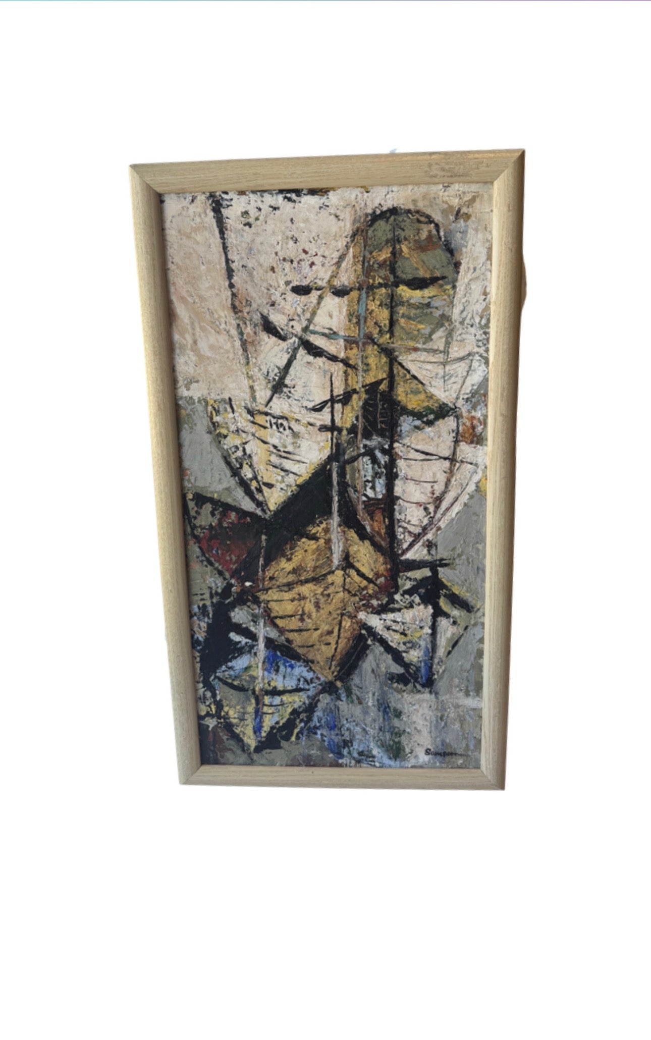 Vintage MCM Neutral Abstract Oil on Board, Signed