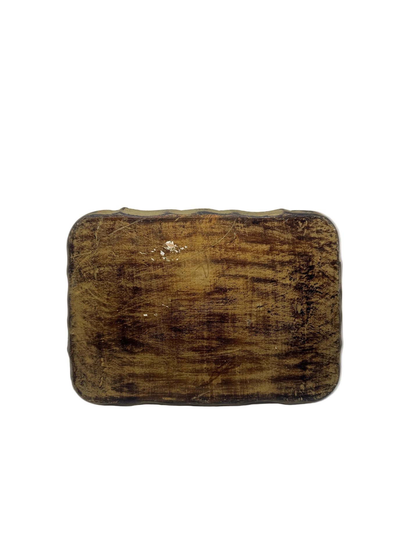 Back of Florentine small tray showing distressed bare wood underside.