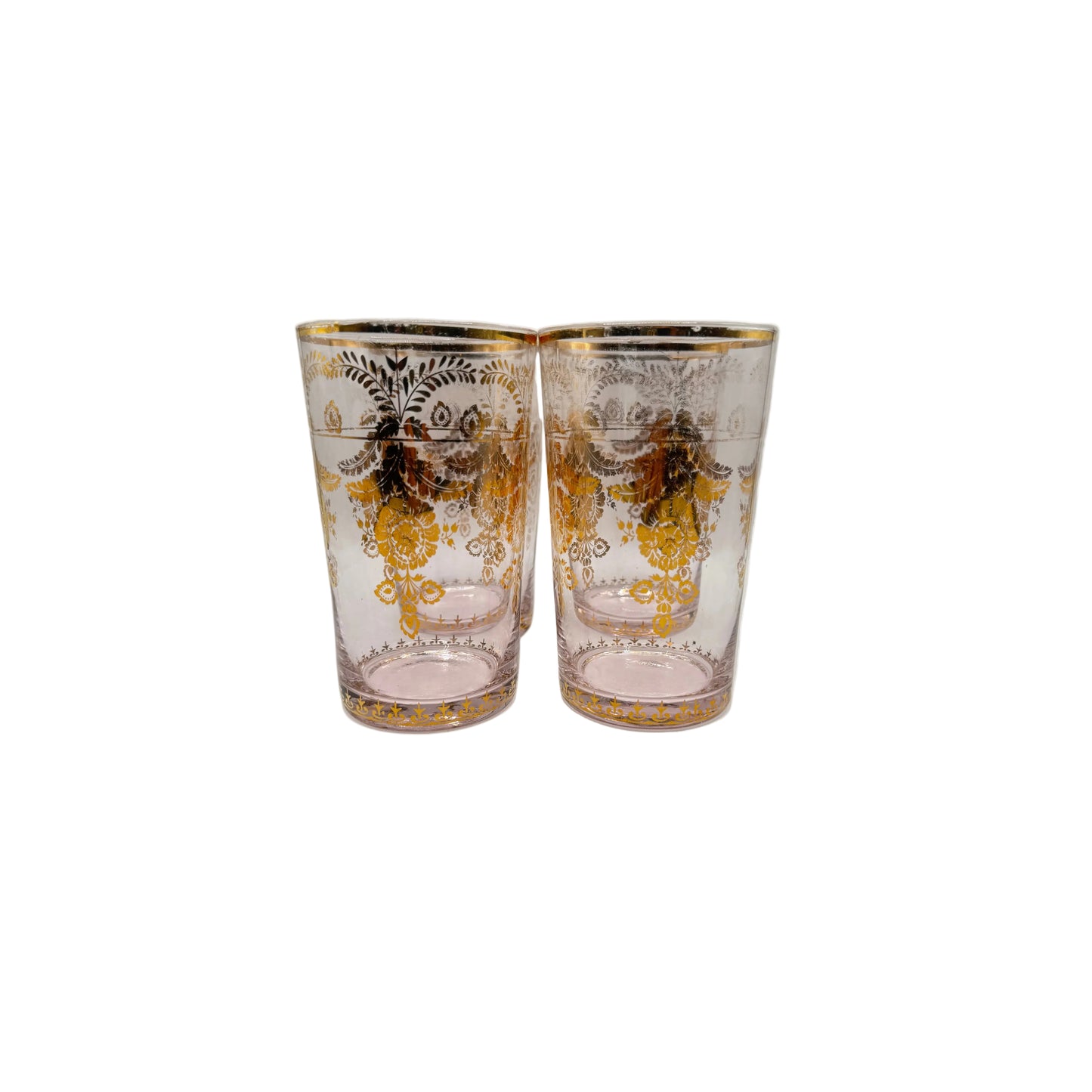 Vintage pink-tinted glasses, set of 4, tall tumblers with gold medallion floral pattern and gilt rims