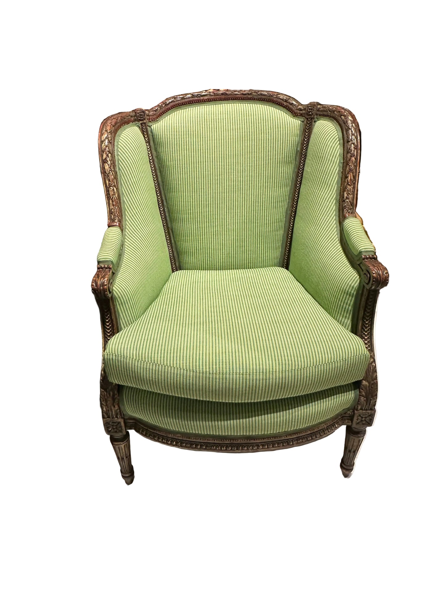 French Louis XV bergere armchair upholstered in green stripe with wingback sides