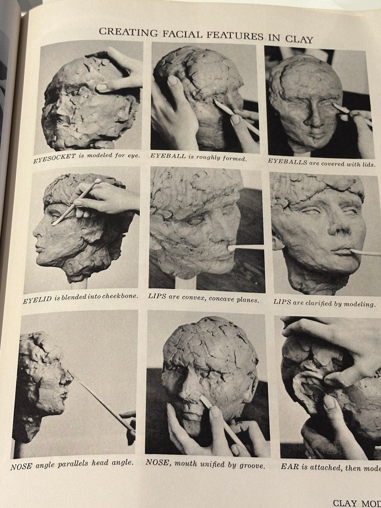 Book page "Creating Facial Features in Clay" with nine photos of hands modeling a clay head