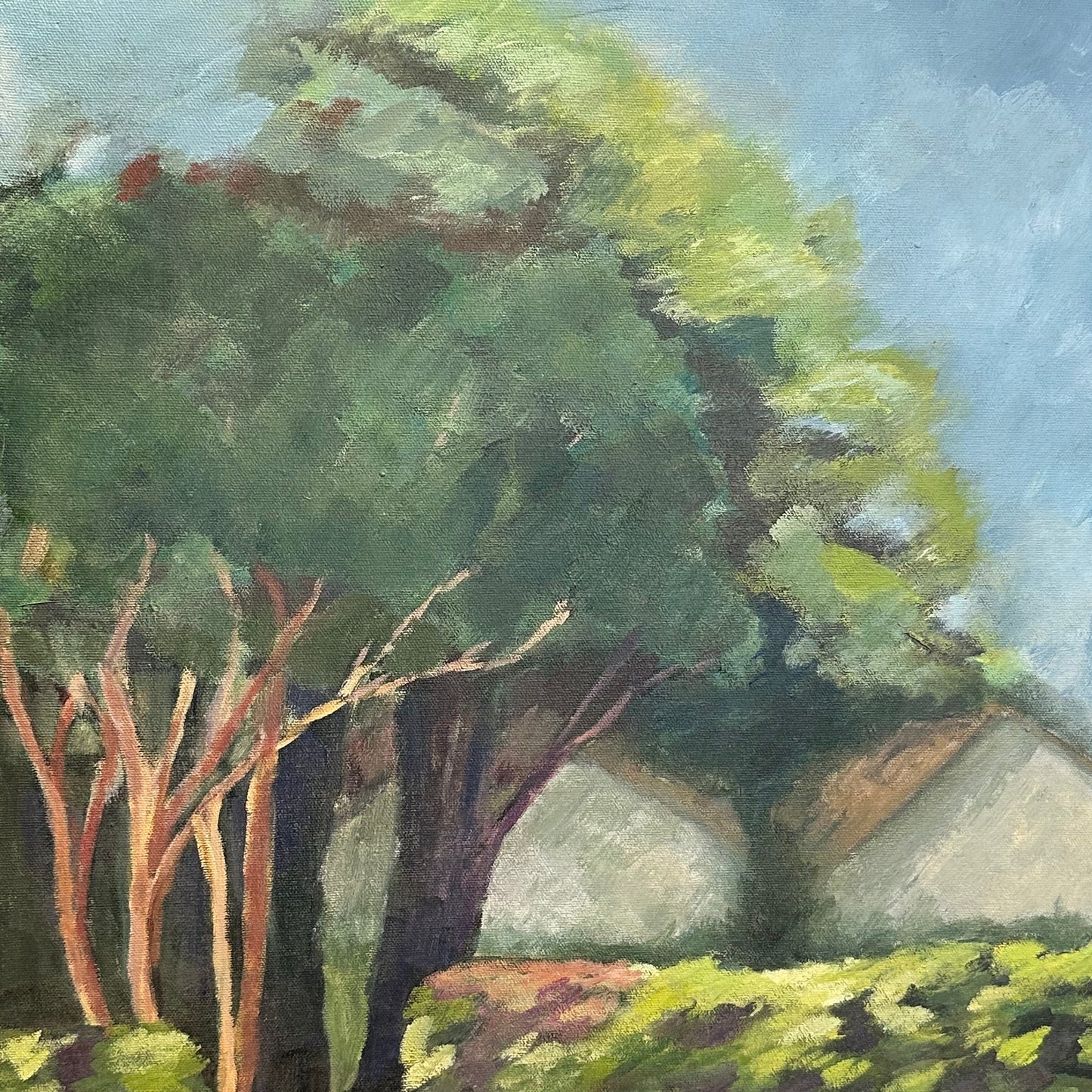 Vintage unframed landscape on canvas: leafy windswept trees and a gabled white house on a grassy hill.