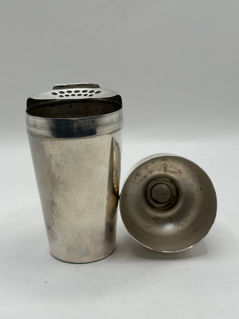 Napier silver plate shaker body with perforated strainer top, cap detached and inverted nearby