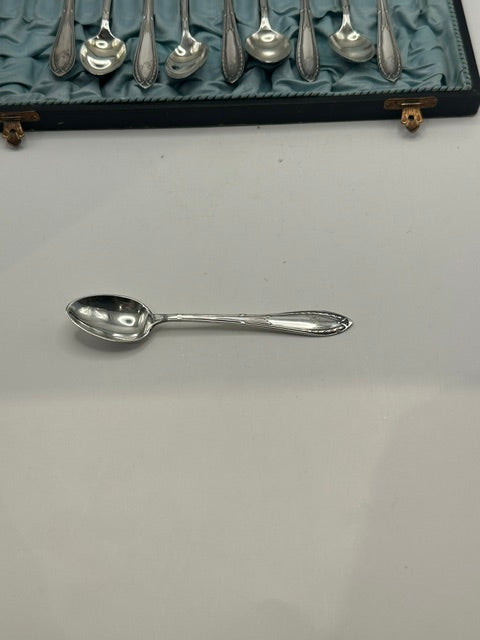 A single demitasse spoon removed and placed beside the open case