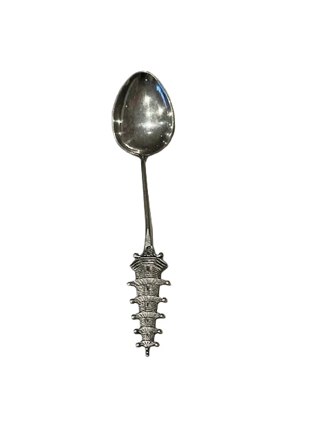 Sterling silver tall pagoda demitasse spoon, full view with oval bowl above the tiered pagoda finial.