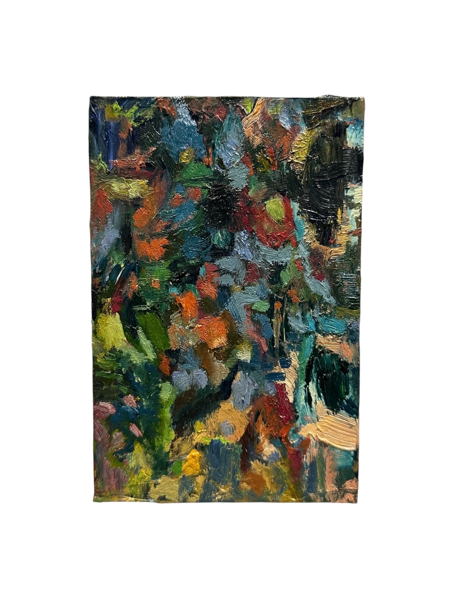 J.Dunn abstract oil-on-board painting in dark multicolor tones on white background