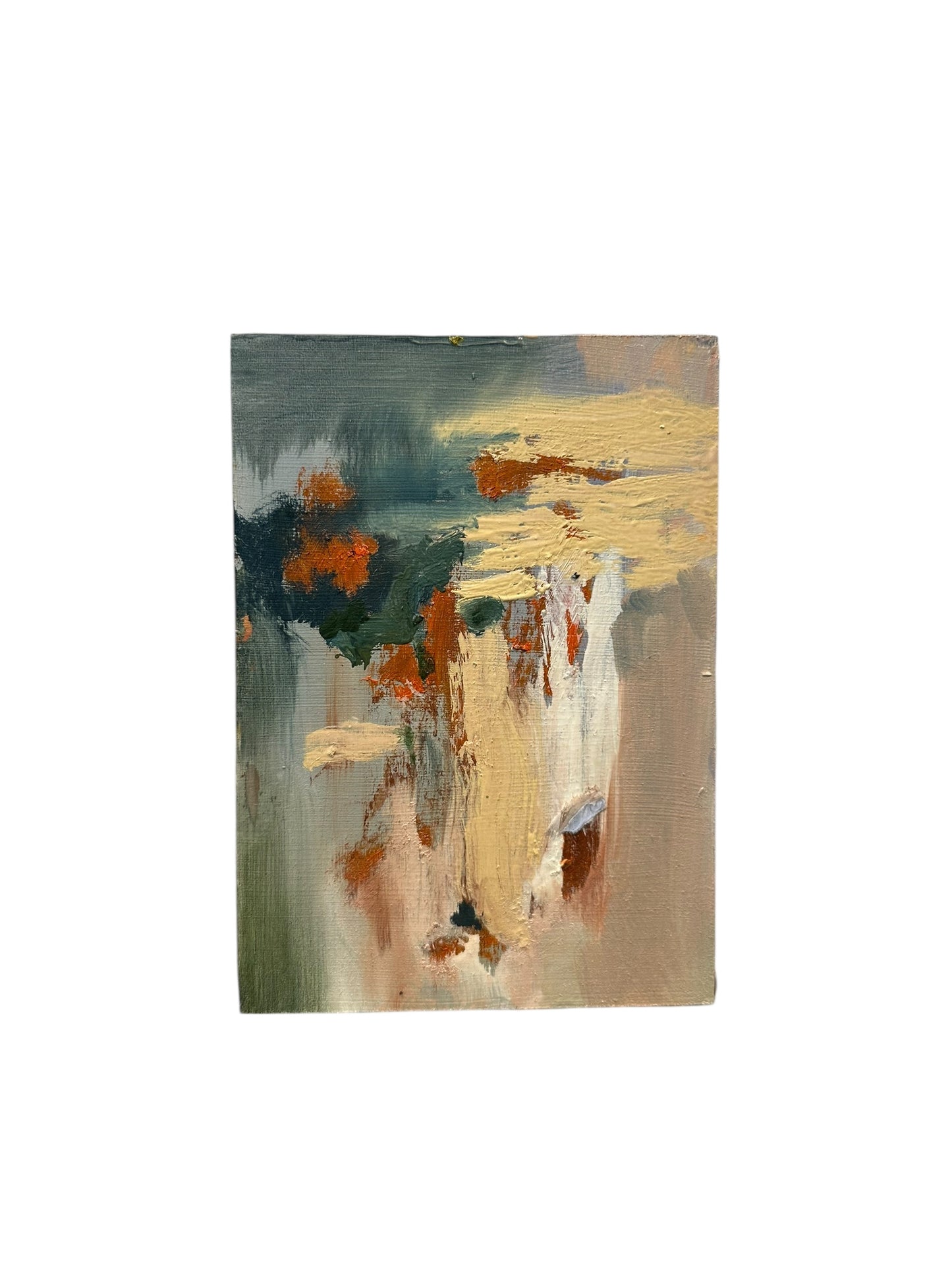 Oil on board abstract by J. Dunn, atmospheric grey-green with ivory impasto and orange accents, angled view.