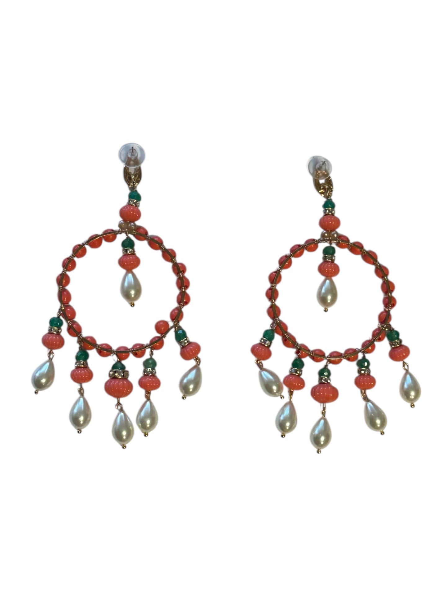 Coral, pearl and emerald hoop earrings enlarged, showing beaded rings and pearl drop fringe