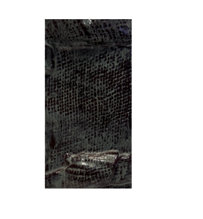 Vintage rectangular ceramic vase with a dark greenish-gray and burgundy glaze, textured crosshatched surface, and raised ceramic bands wrapping around the body. Features an irregular square opening, glossy interior, and unglazed reddish-brown base with an incised maker's mark