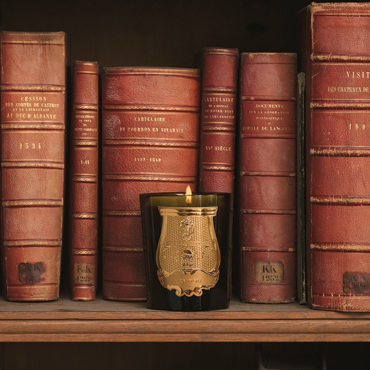 Trudon Classique candle lit and glowing on a shelf beside antique leather-bound books