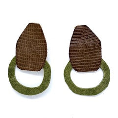 Artisan recycled leather earrings, brown woven dome studs with green leather ring drop.