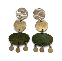 Artisan recycled leather earrings, gold disc studs with green oval and brass dangles.