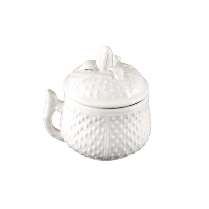 Mottahedeh white strawberry ceramic pot de creme with lid and handle, single cup, side view