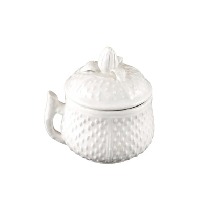 Mottahedeh white strawberry ceramic pot de creme with lid and handle, single cup, side view