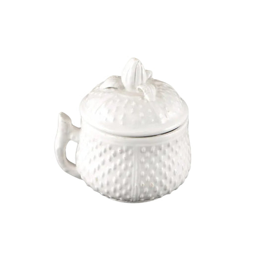 Mottahedeh white strawberry ceramic pot de creme with lid and handle, single cup, side view