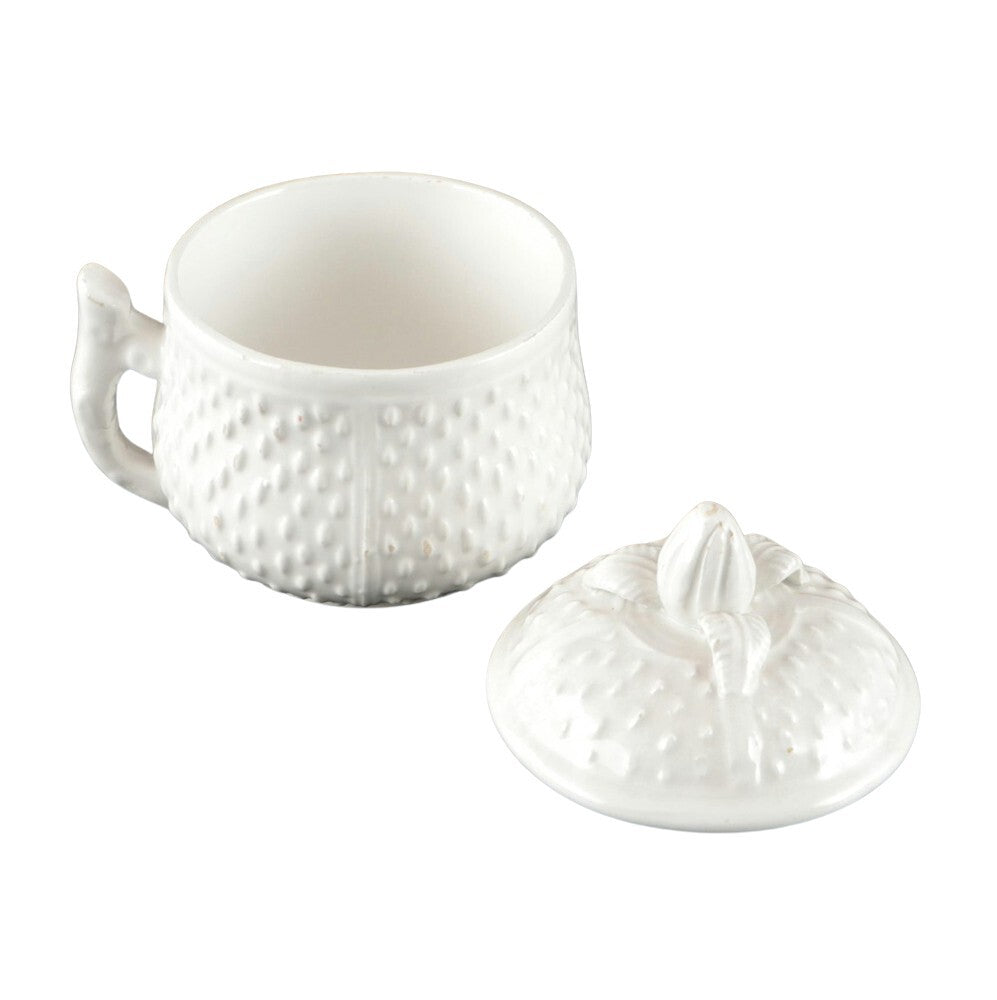 Mottahedeh white strawberry pot de creme with lid removed, showing cup interior and handle