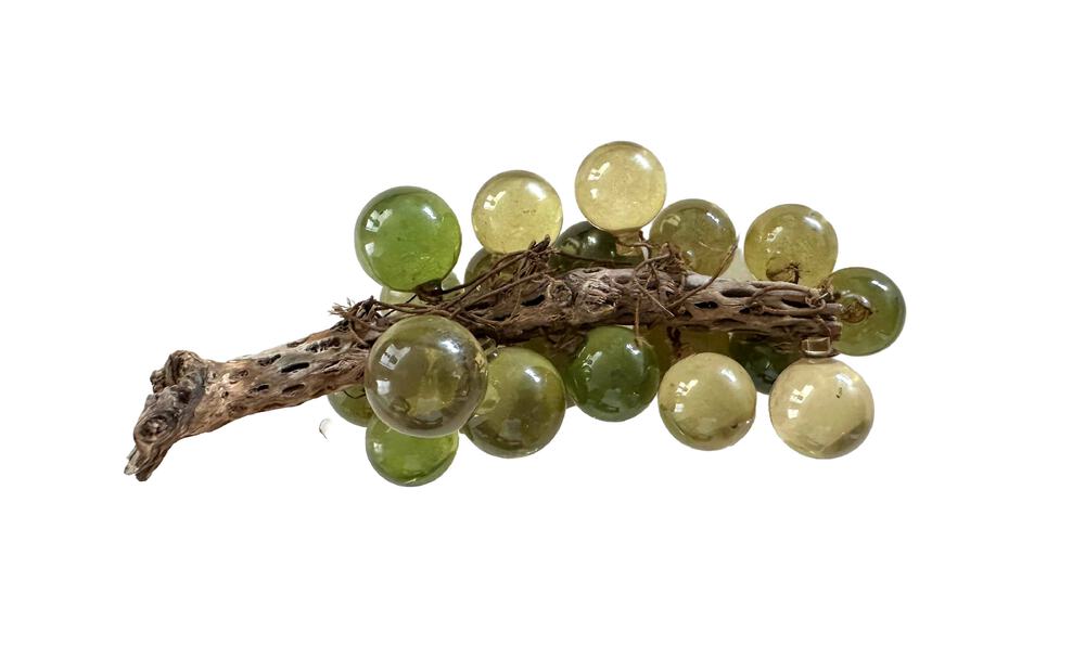 Vintage acrylic grapes top view, green and amber spheres wired along a gnarled driftwood-style branch stem.