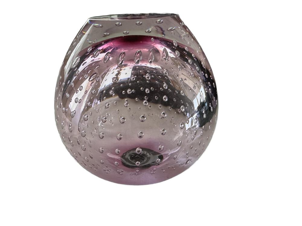 Amethyst Murano-style bud vase with controlled bubbles throughout the rounded glass body.