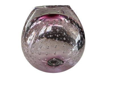 Amethyst Murano-style bud vase with controlled bubbles throughout the rounded glass body.