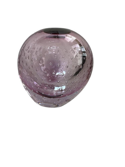 Amethyst controlled-bubble bud vase, side view of the rounded glass form.