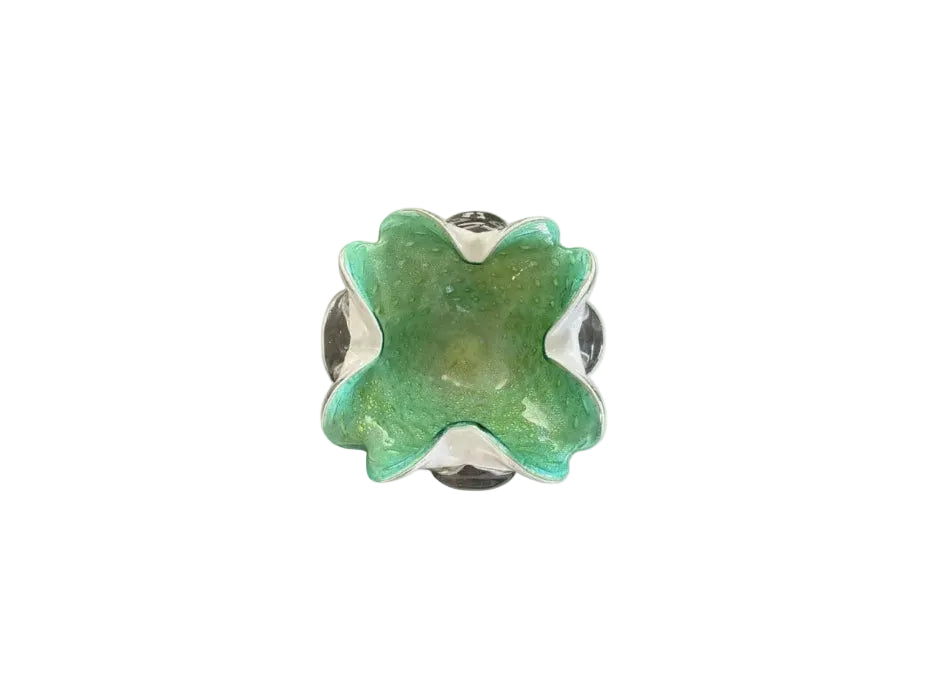 Murano style handblown glass dish in vibrant green with scalloped clover form, viewed from the front
