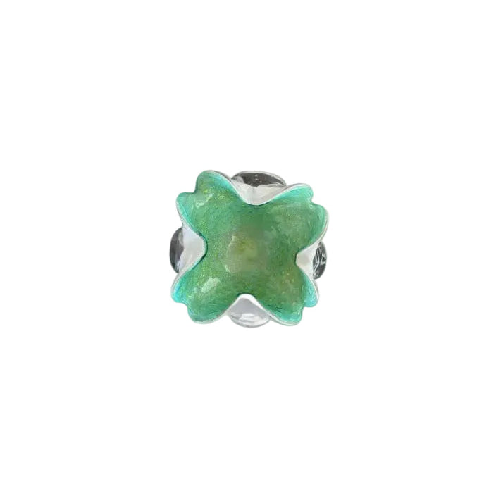 Murano green handblown glass clover-shaped dish, front view on white background