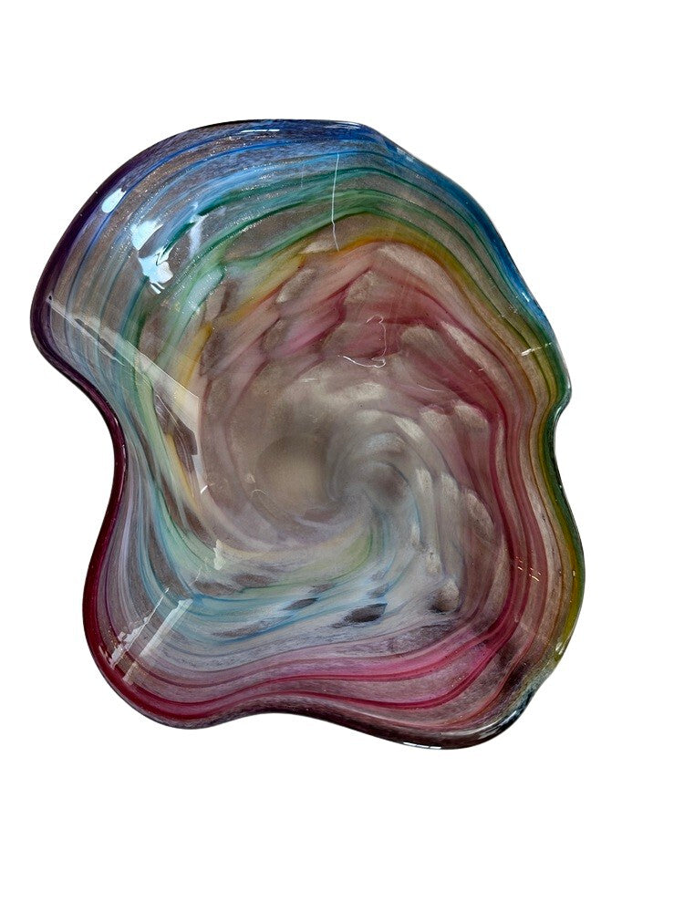 Murano style handblown glass bowl from above, rainbow banded swirl with wavy ruffled edges
