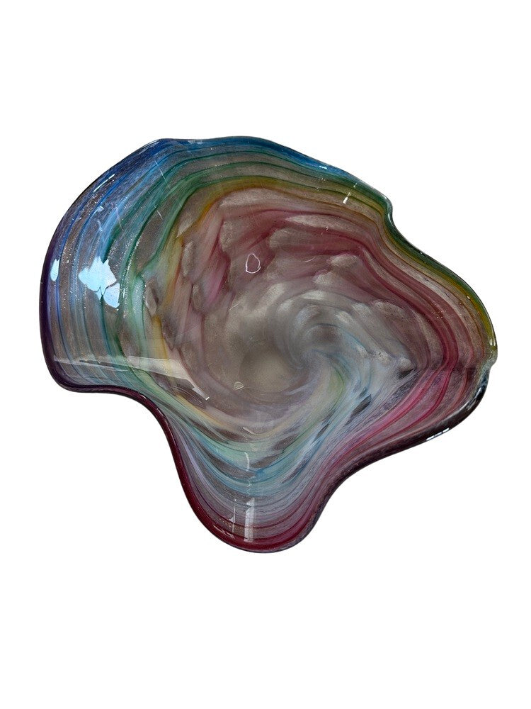 Murano style handblown glass bowl, top-down view of rainbow swirled freeform ruffled interior