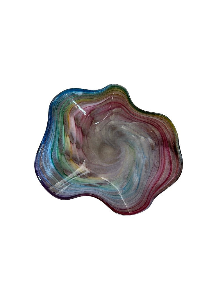 Murano style handblown glass bowl, top-down full view of the rainbow swirled freeform form