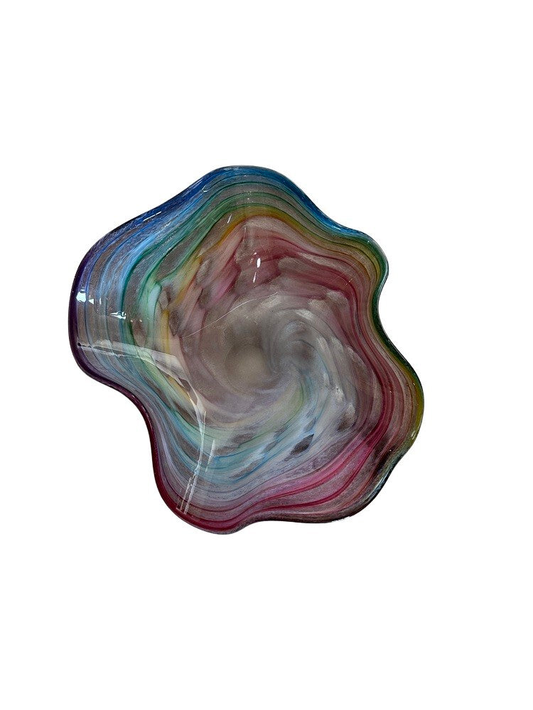 Murano style handblown glass bowl from above, ruffled rainbow rim and swirled center