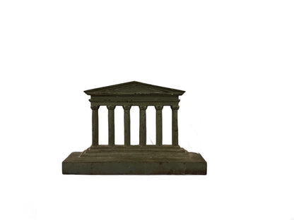 Cast brass Parthenon temple bookend, front view of columned facade with triangular pediment and base