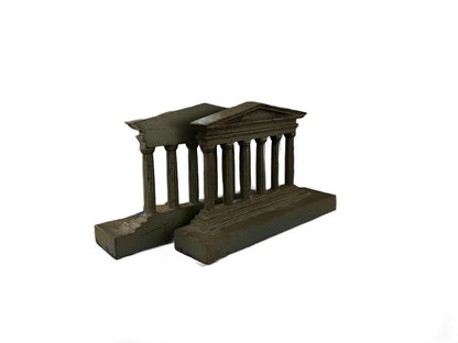 Pair of cast brass Parthenon temple bookends, angled view showing both columned facades and bases