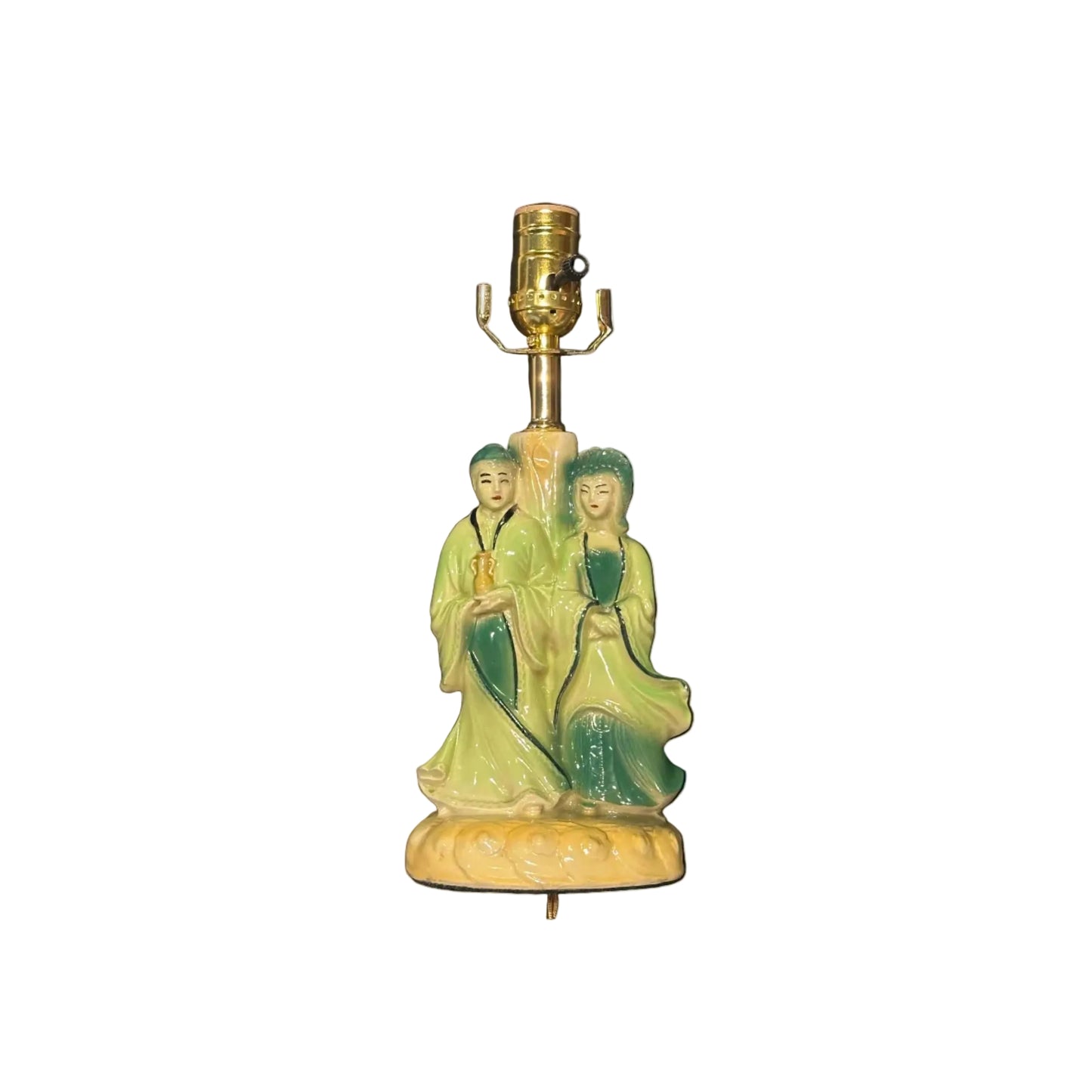 Vintage chinoiserie ceramic table lamp with two robed figures in green and yellow glaze
