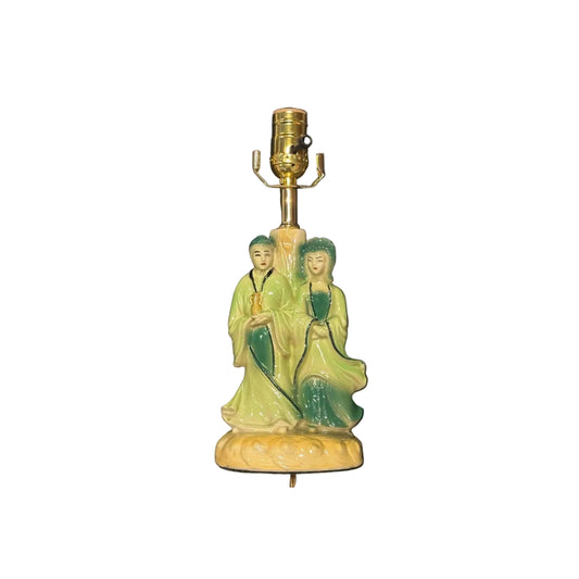 Single Vintage Asian Figure Pottery Lamp, Yellow and Green image