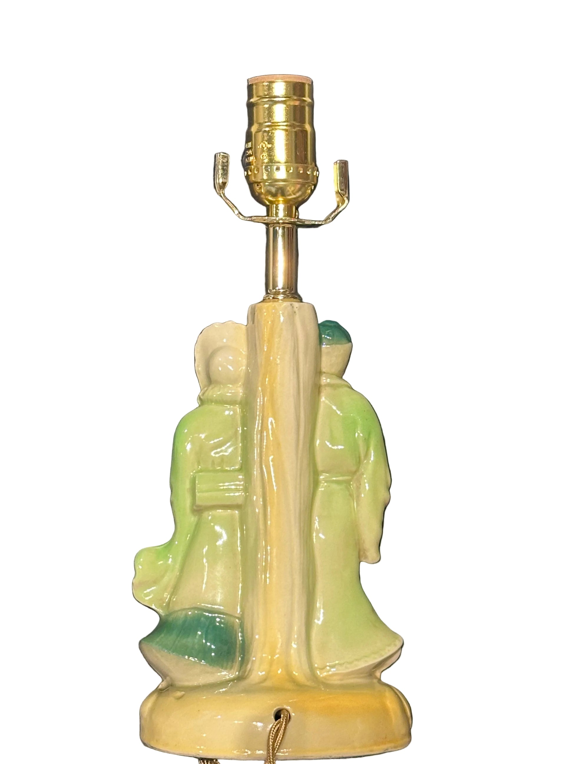 Rear view of the chinoiserie figure lamp showing the backs of two robed figures