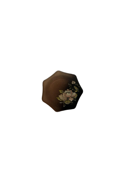 Vintage brown alabaster petite hinged box, top of lid with hand-painted pink peony floral motif.