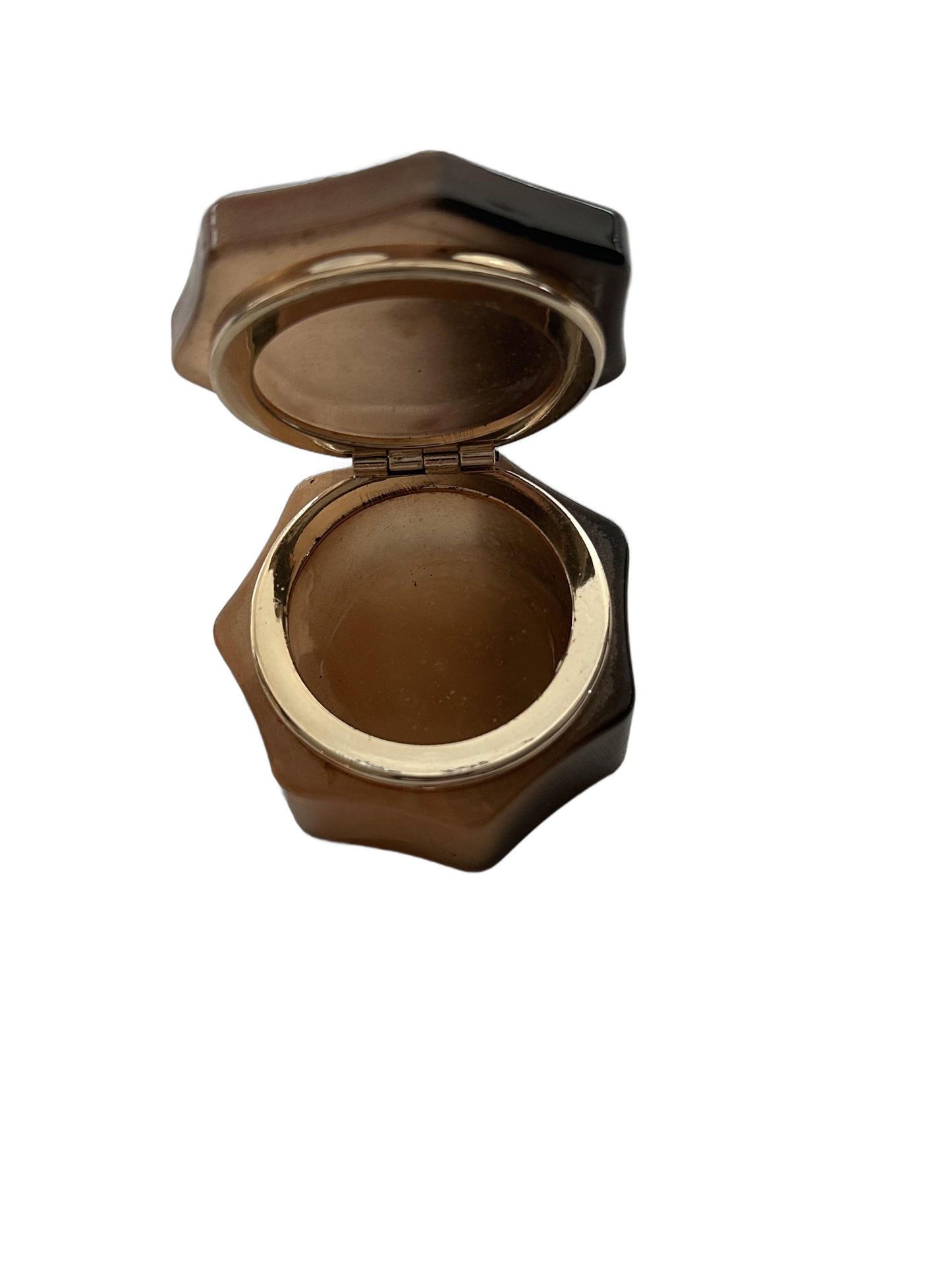 Vintage brown alabaster petite hinged box, open, showing gilt-rimmed interior and hinge.