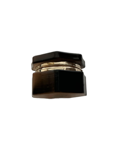 Vintage brown alabaster petite hinged box, side view showing honey-and-dark banding and gilt rim.