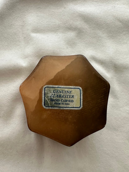 Vintage brown alabaster petite hinged box, underside close-up of 'Genuine Alabaster Hand Carved, Made in Italy' label.