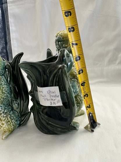 Vintage Hull poodle vase beside a tape measure reading about 8.5 inches tall, with handwritten price tag