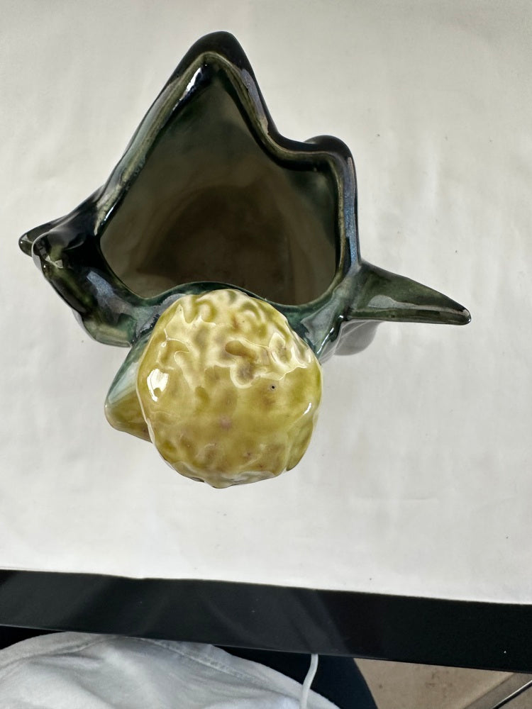 Top-down view into a vintage Hull poodle vase opening showing the leaf-form interior and poodle head